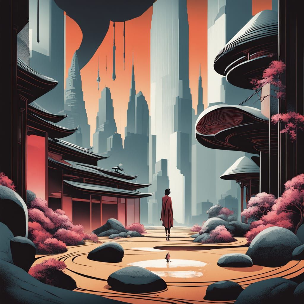Zen Garden Meets Gleaming Cityscape in Dystopian Style