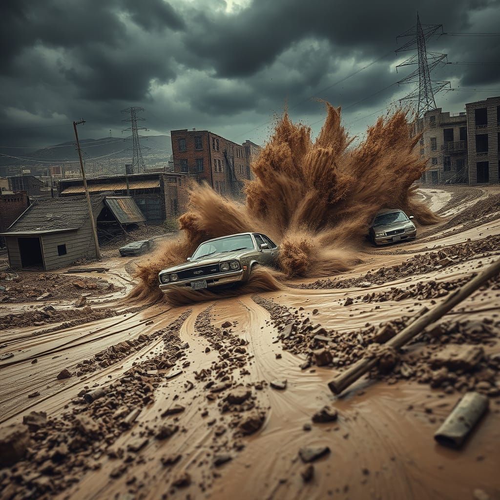 Hyperrealistic Mudflow Sweeping Away Cityscape