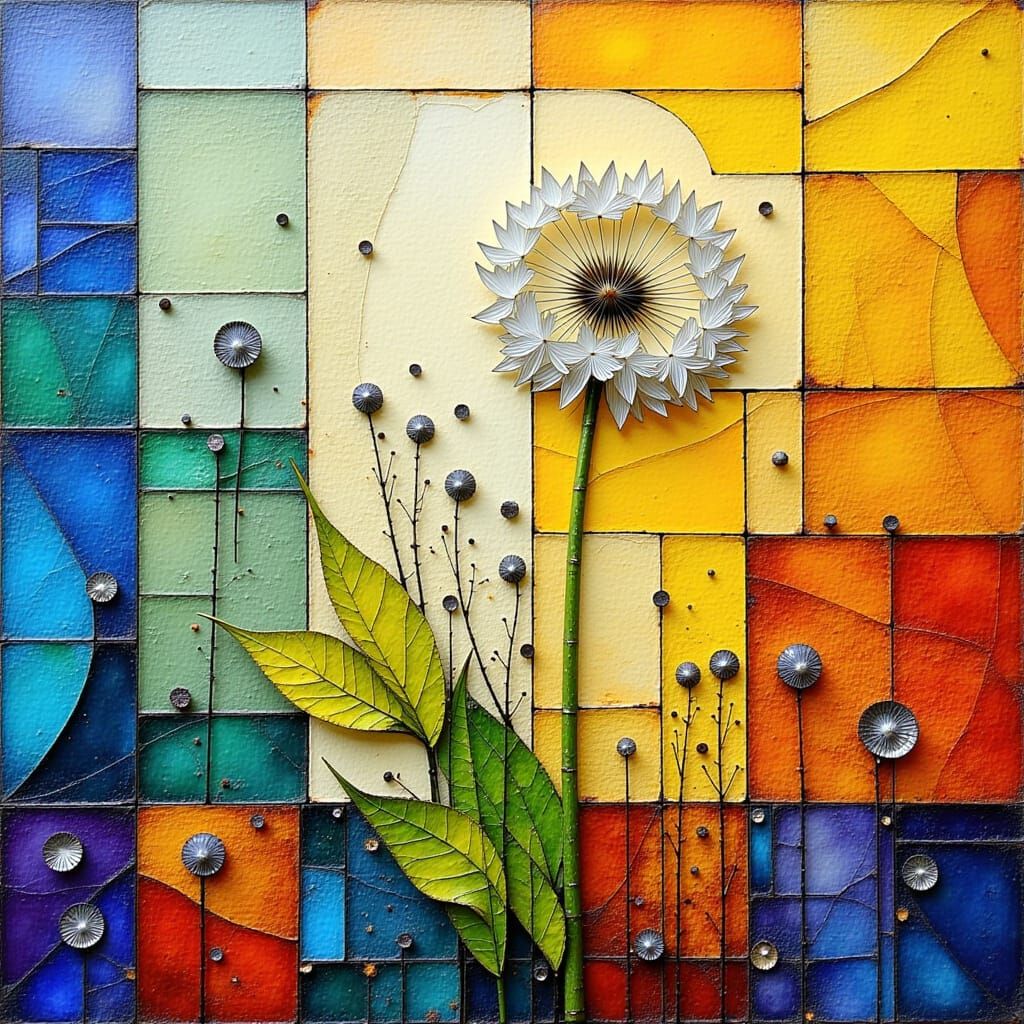 Dandelion Seeds in Iridescent Mosaic, Abstract Mixed Media