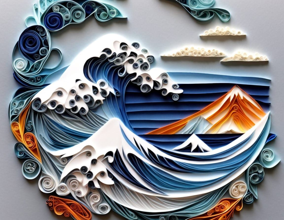 Intricate Quilling Artwork of a Wave with Mount Fuji