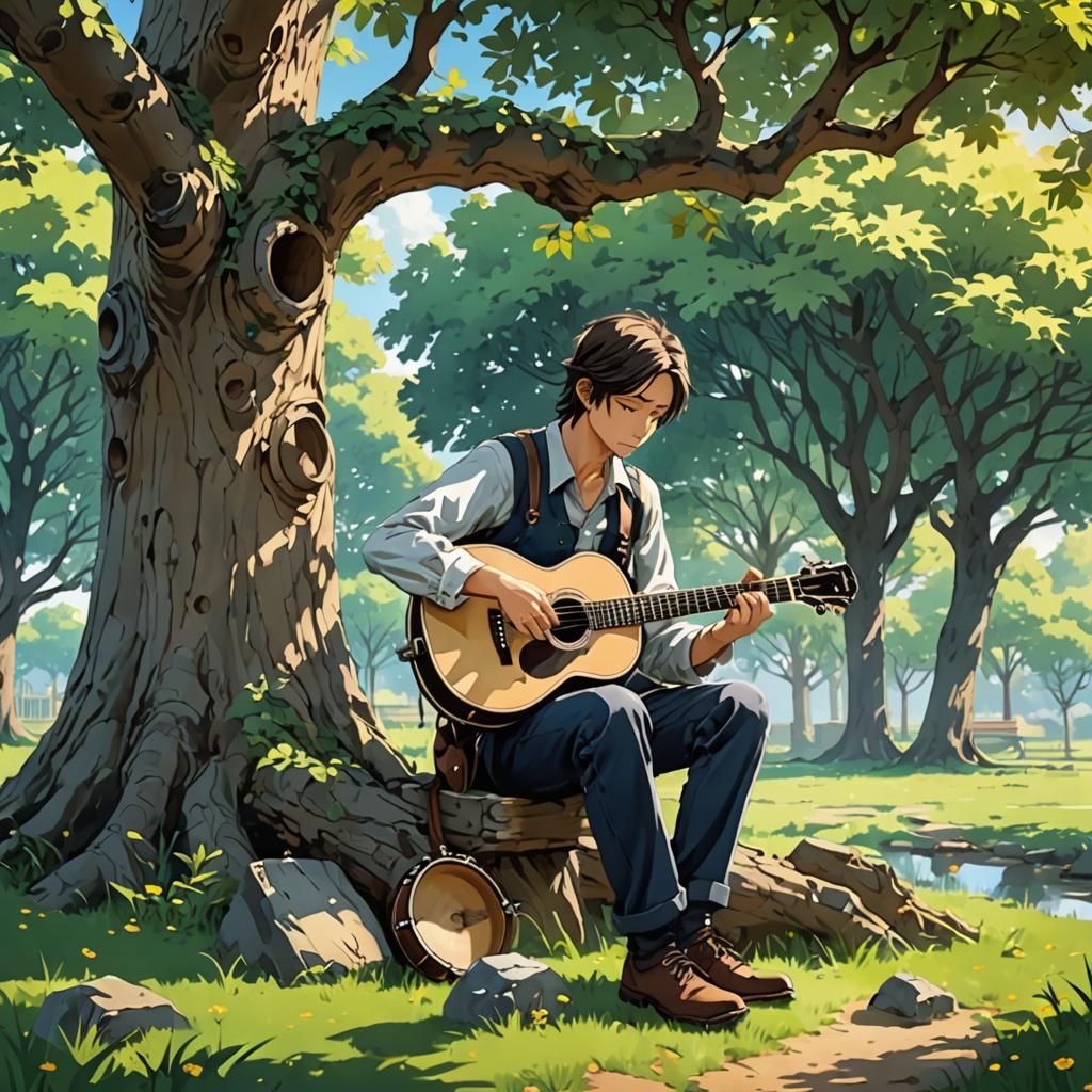 Sad Banjo Player Under Tree in Anime Style