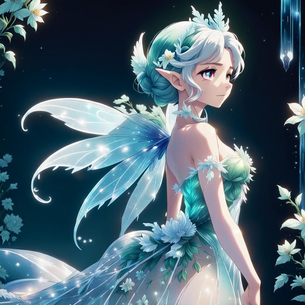 Ice Fairy Princess in Floral Gown, Cel-Shaded Anime Art