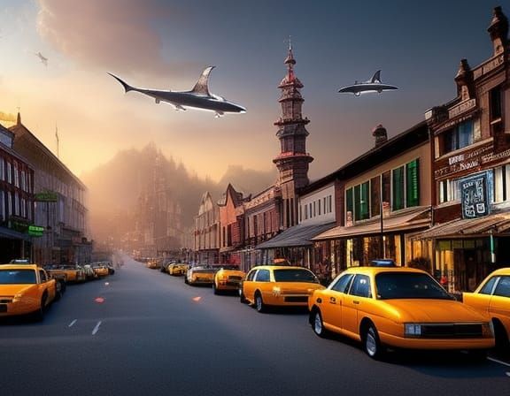 Sharks Hunt Taxis in Small Town: Comic Book Art
