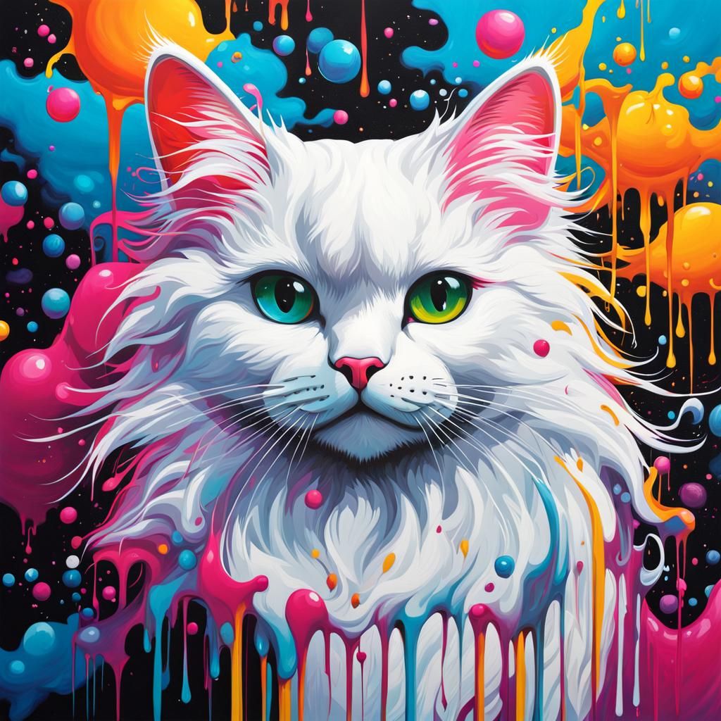 Colorful Graffiti Art of a White Cat