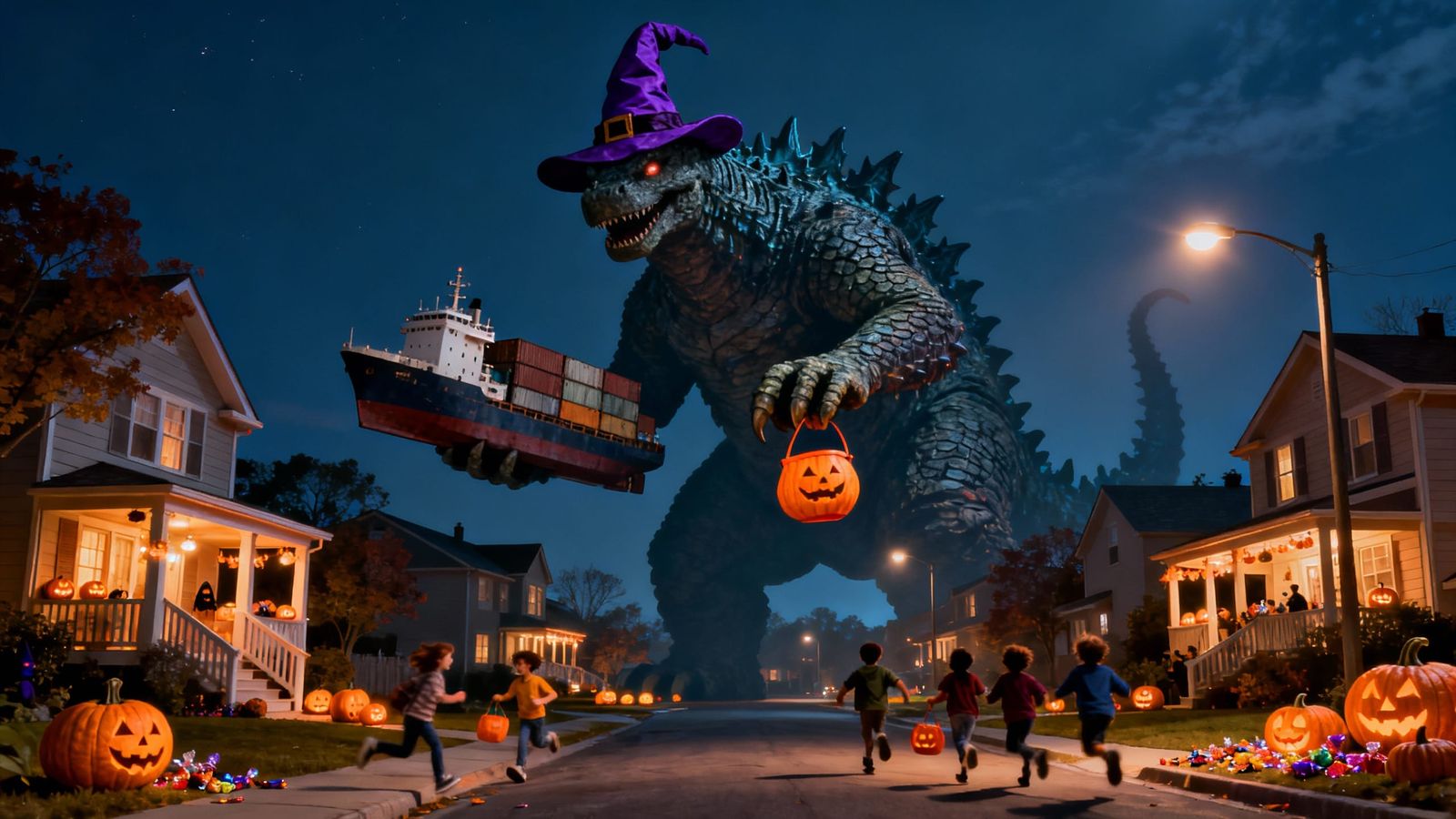 Godzilla in Witch Hat Trick-or-Treating on Halloween Night