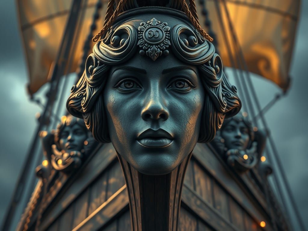 Sculpted Sailing Ship Mascaron in Dramatic Cinematic Lightin...