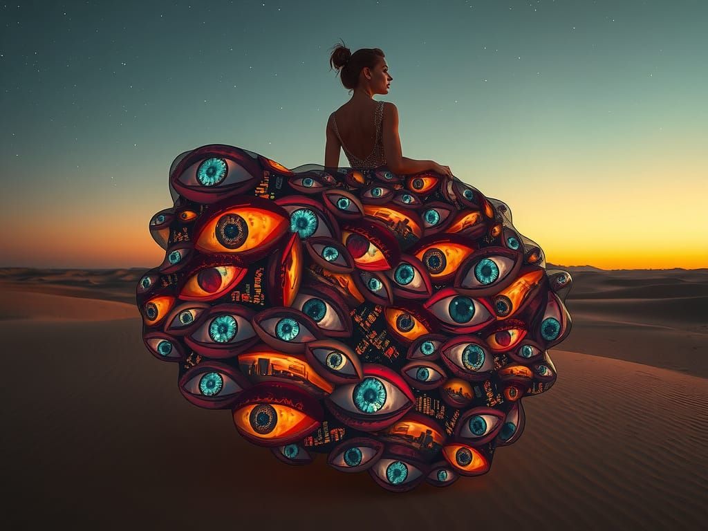 Surreal Goddess in Cityscape Gown, Inspired by Dali and Esch...