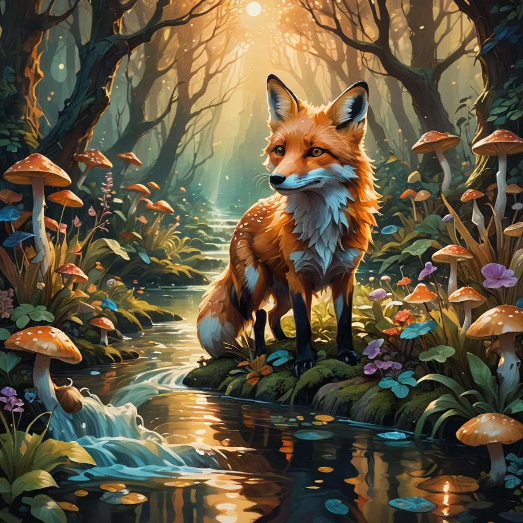 Mystical Fox in Forest Stream: Surreal Oil Painting