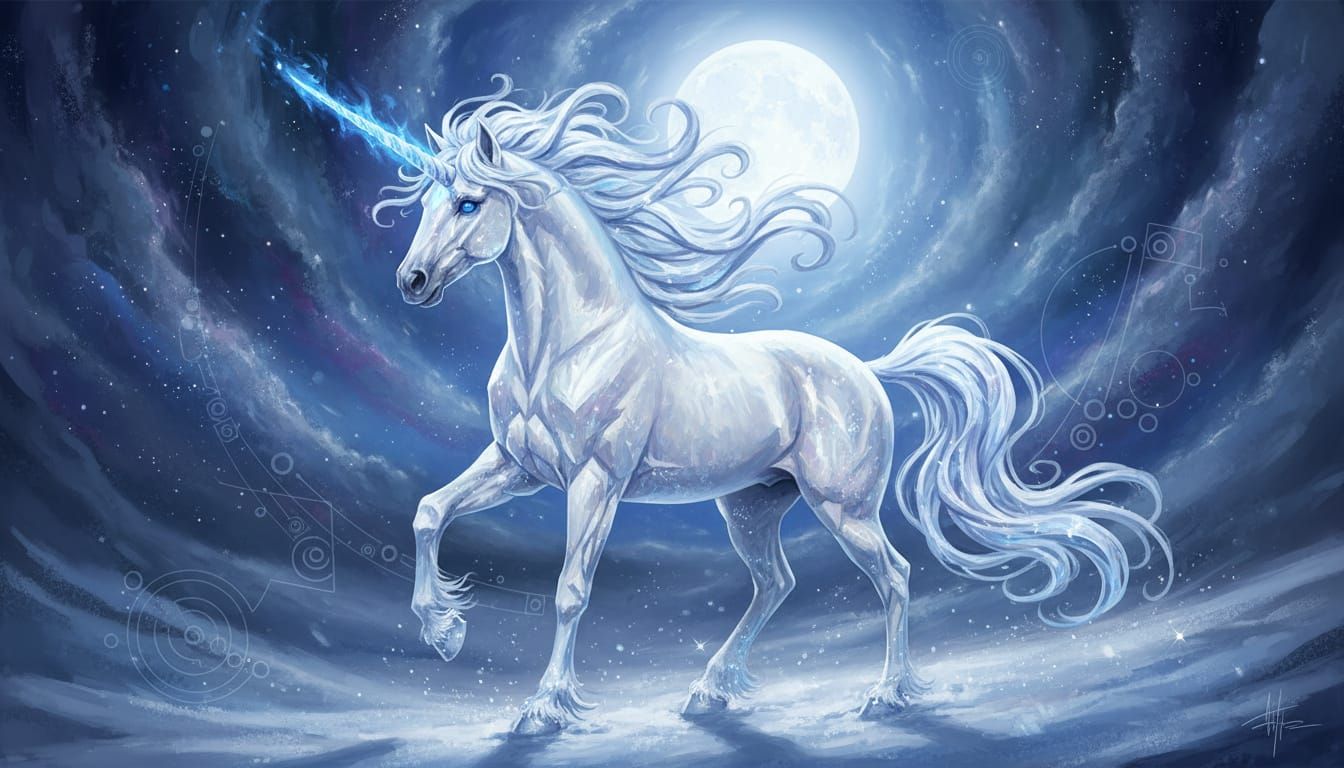 Frost Unicorn Under Full Moon in Cosmic Style