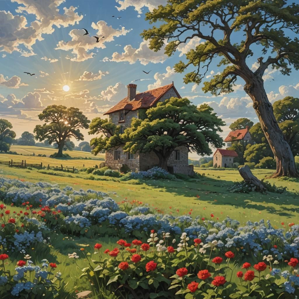 Endless Flower Field with Stone House and Oak