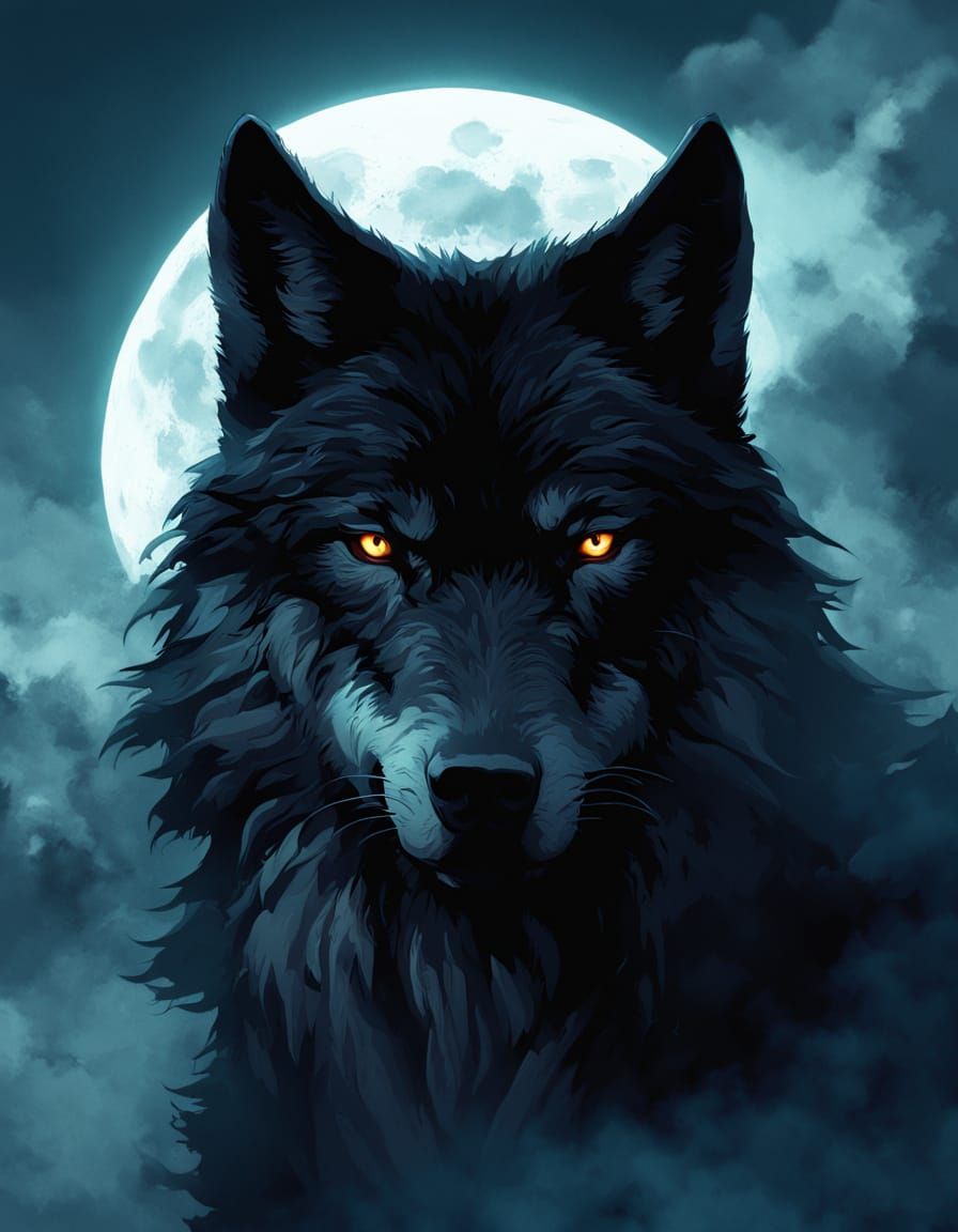 Ethereal Black Wolf in Mist, Fantasy Concept Art
