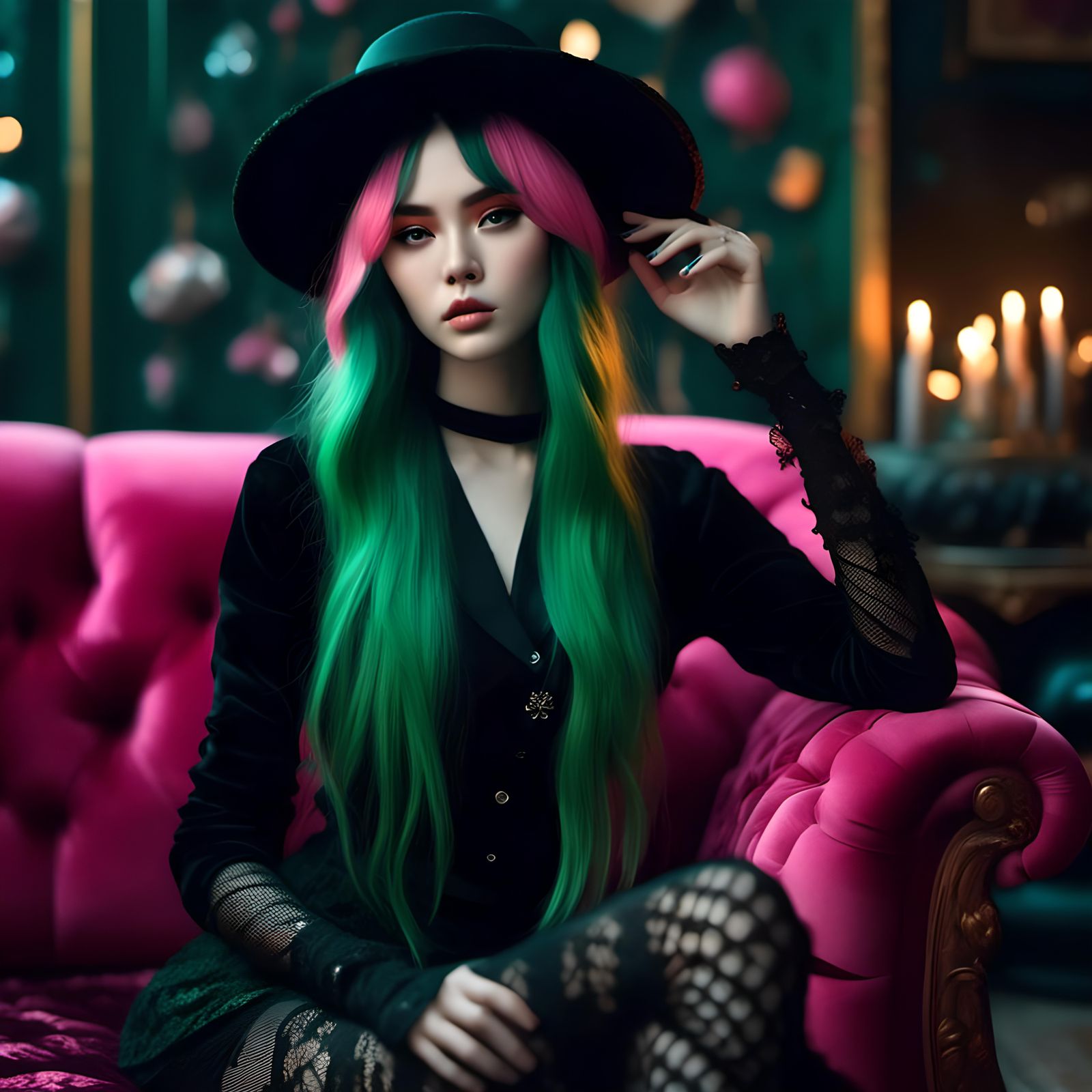 Goth Girl with Green Hair in Hyperrealistic Style