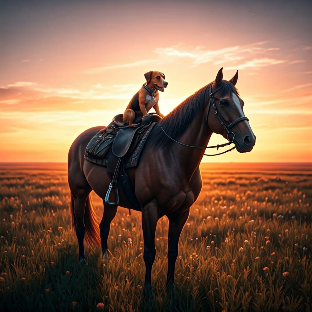 Dog Riding Horse in Prairie at Sunset