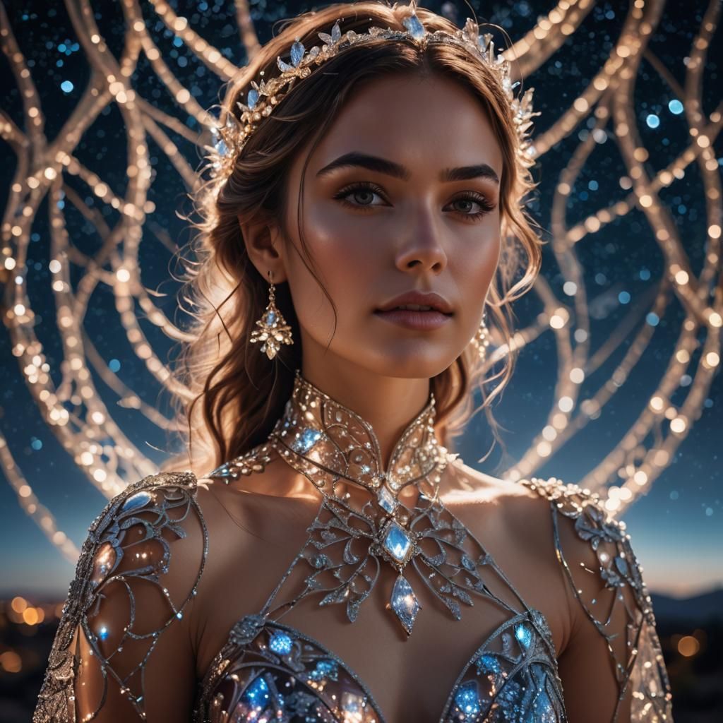 Woman in Transparent Glass Dress Against Night Sky