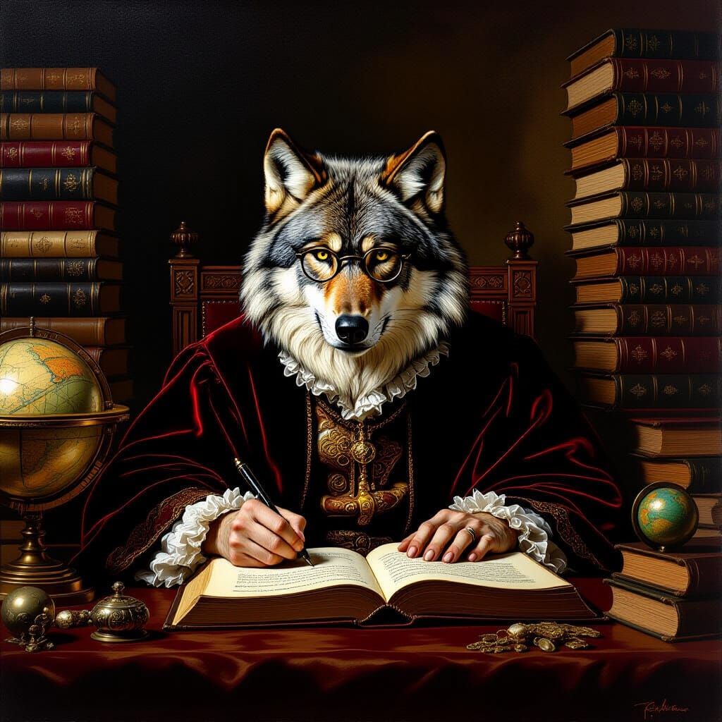 A Wise Wolf Scholar in Baroque Style Library