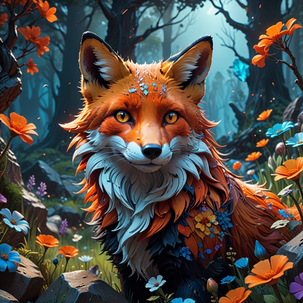 Vibrant Surrealist Fox in Love Forest