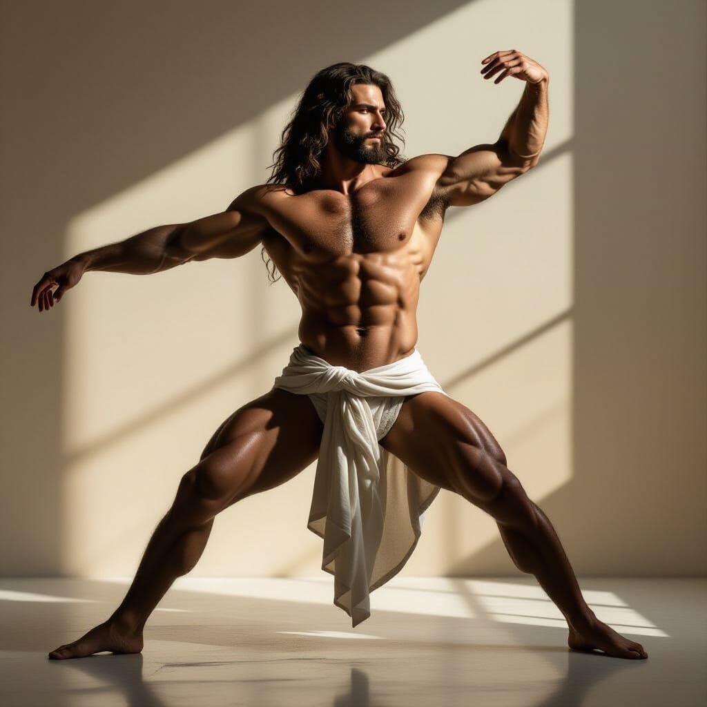 Dramatic Male Figure in Ballet Pose with Chiaroscuro Lightin...