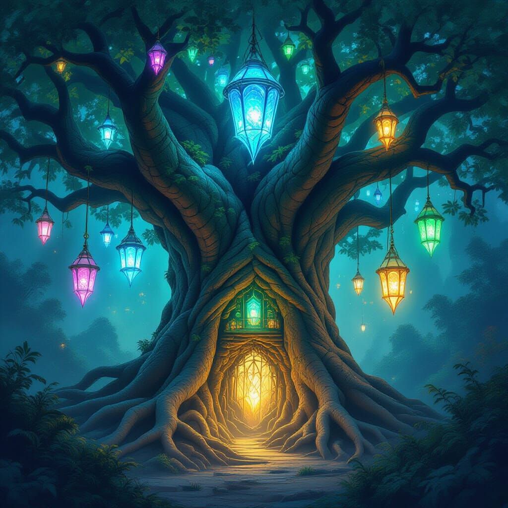Bioluminescent Tree with Crystalline Lanterns