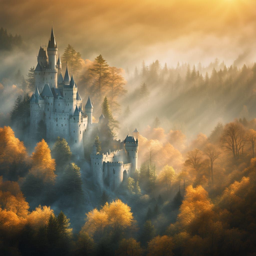 Mystical Forest Landscape in Golden Hour Light