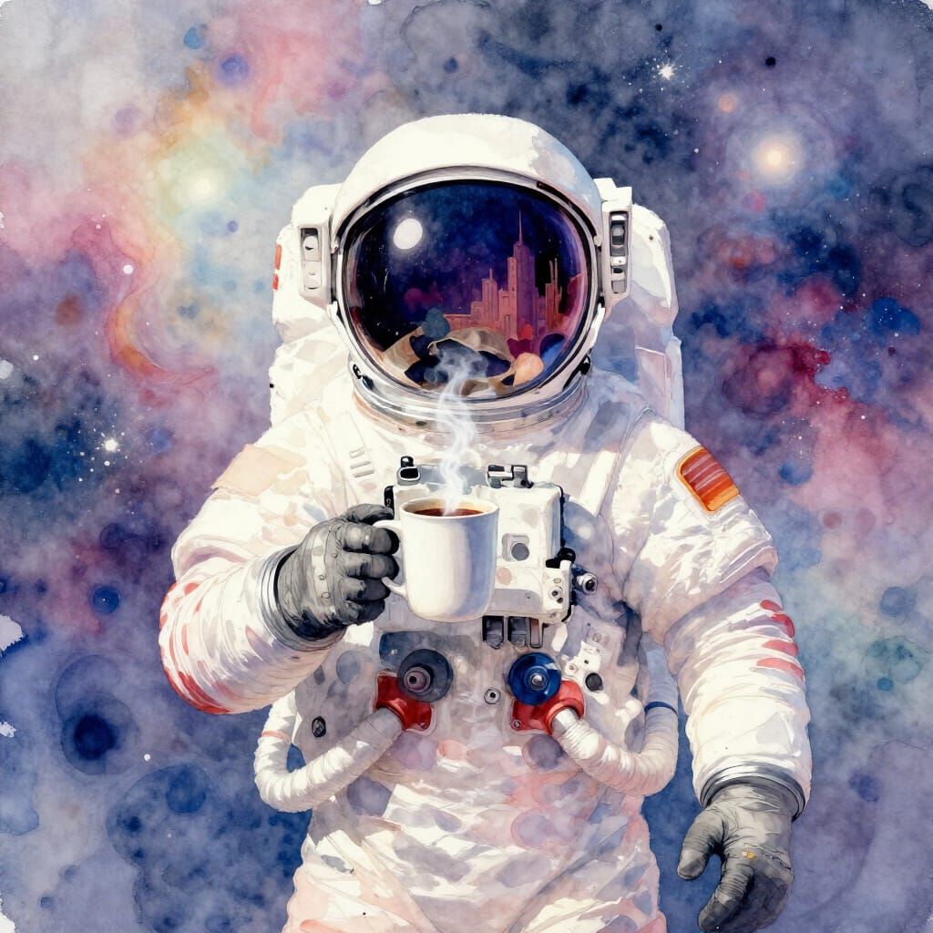 Astronaut in Pastel Nebula with Coffee, Watercolor Style
