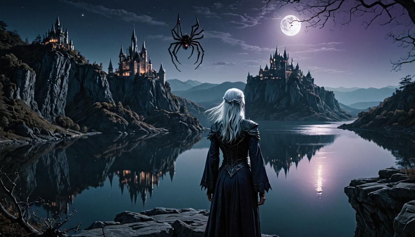 Dark Elf Sorceress and Spider at Cliff's Edge