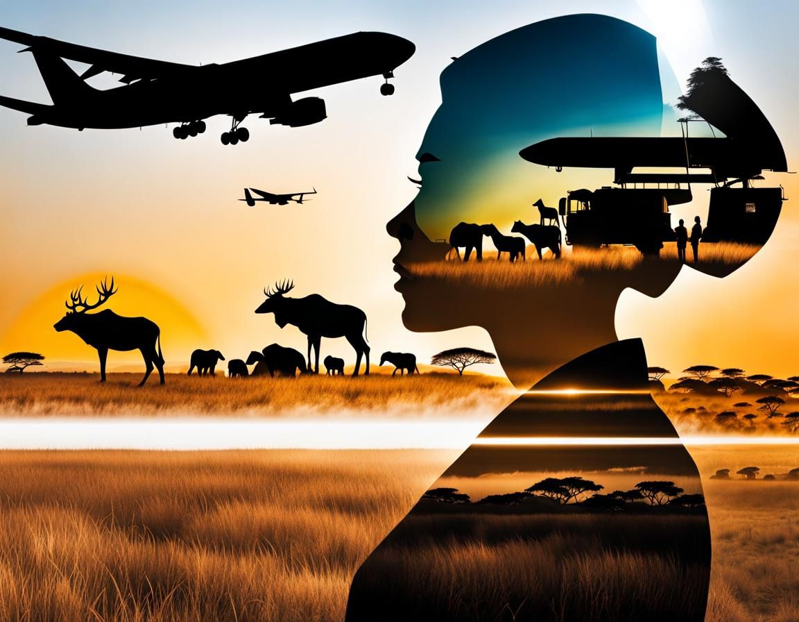 Serengeti Wildlife Meets Flight Attendant in Double Exposure