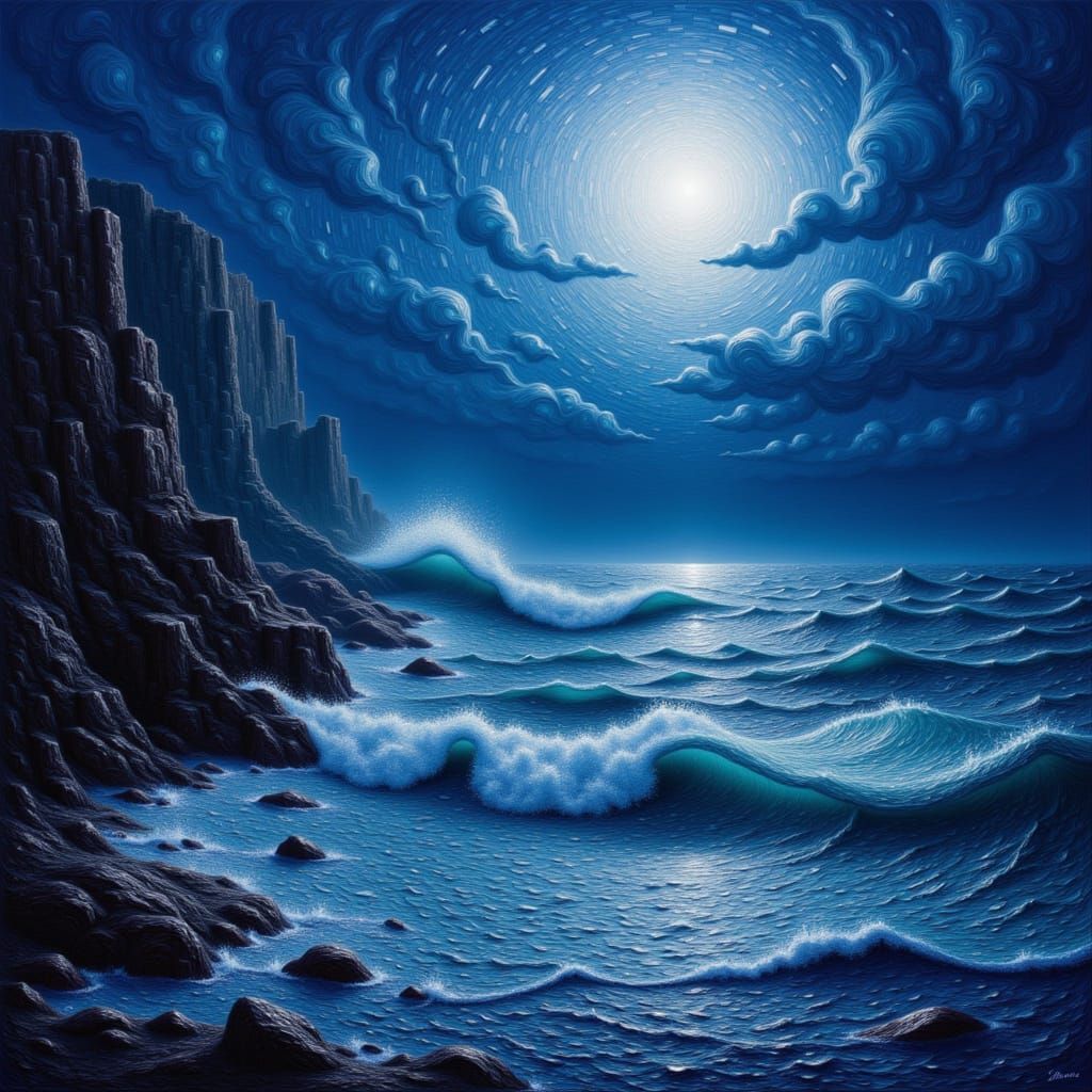 Violent Storm at Sea with Midnight Moon