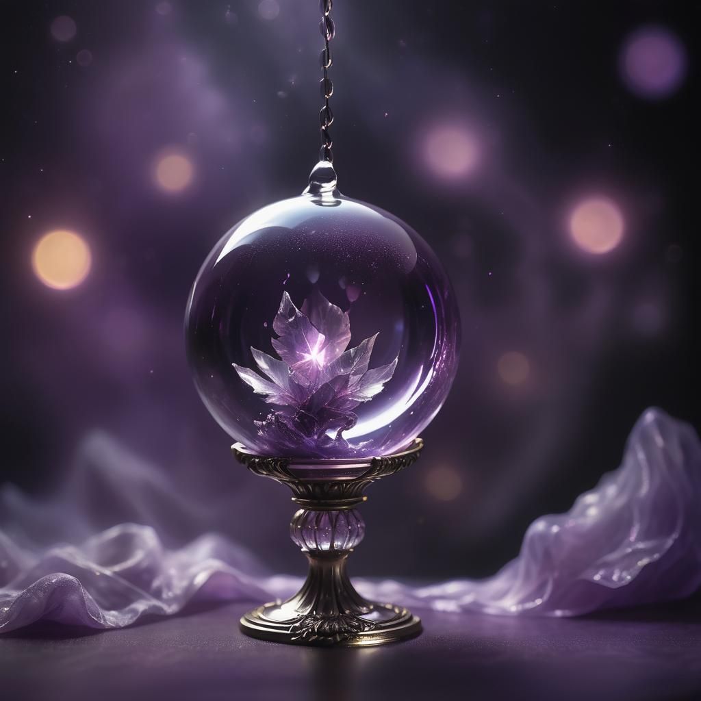 big purple crystal in the glass ball, black background purple soft light ethereal fantasy hyperdetailed mist Thomas Kink...