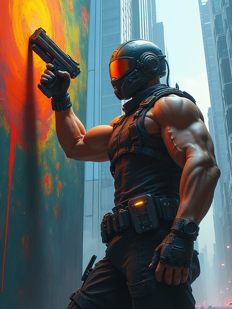 Tactical Bodybuilder Creates Mural in Cyberpunk Metropolis