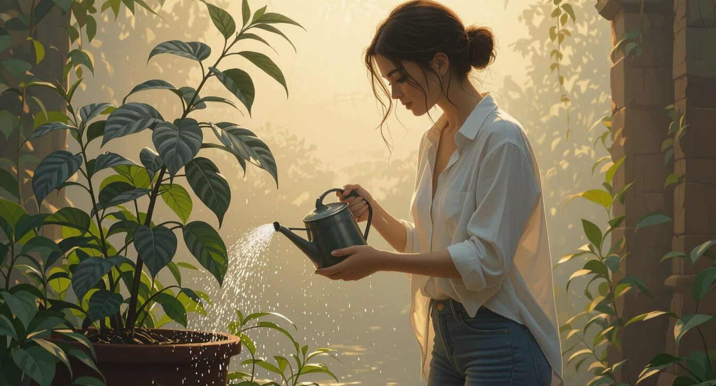 Woman Waters Dying Plant in Digital Matte Painting Style