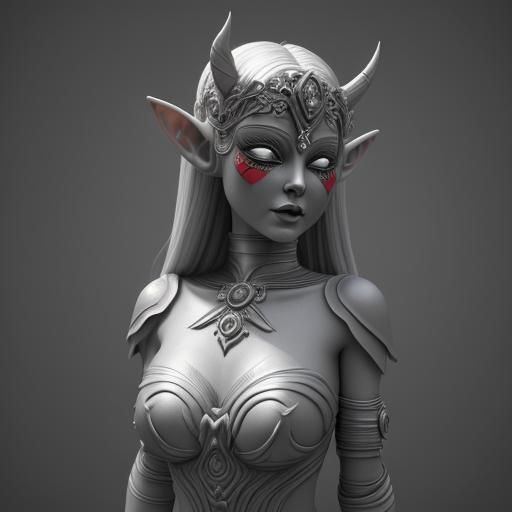 Grayscale Elf Princess with Demon Mask in 3D