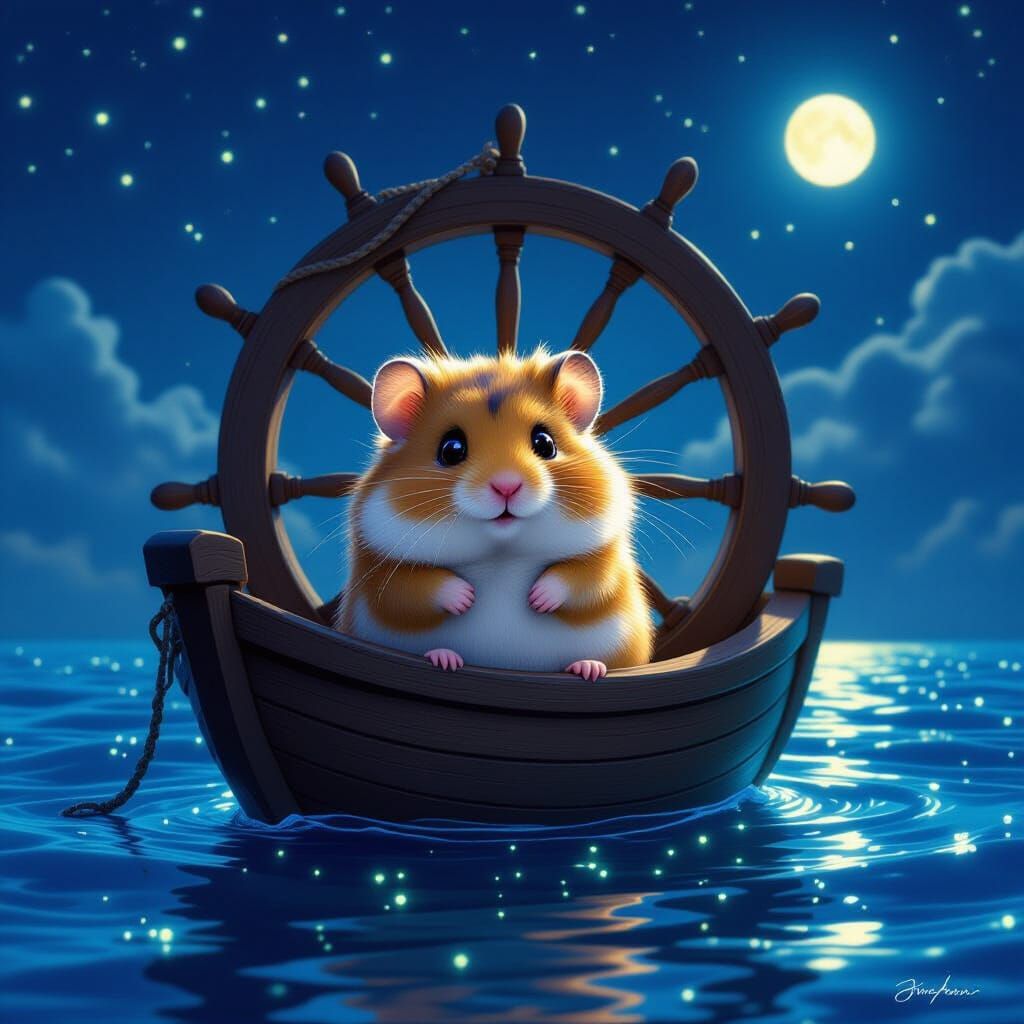 Hamster Adrift in Antique Sea Wheel Under Starlit Sky