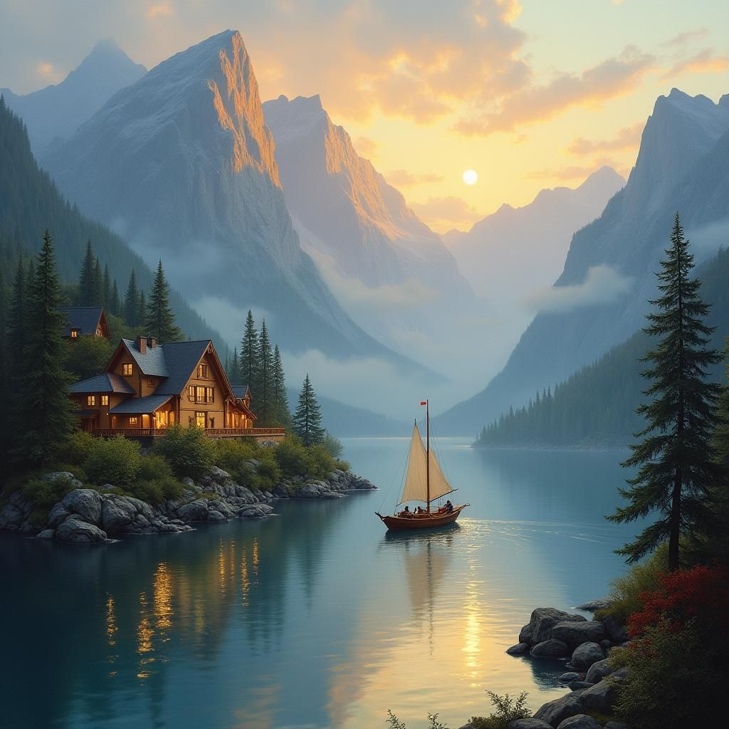 Mountain Village Sunset in Kinkade Style