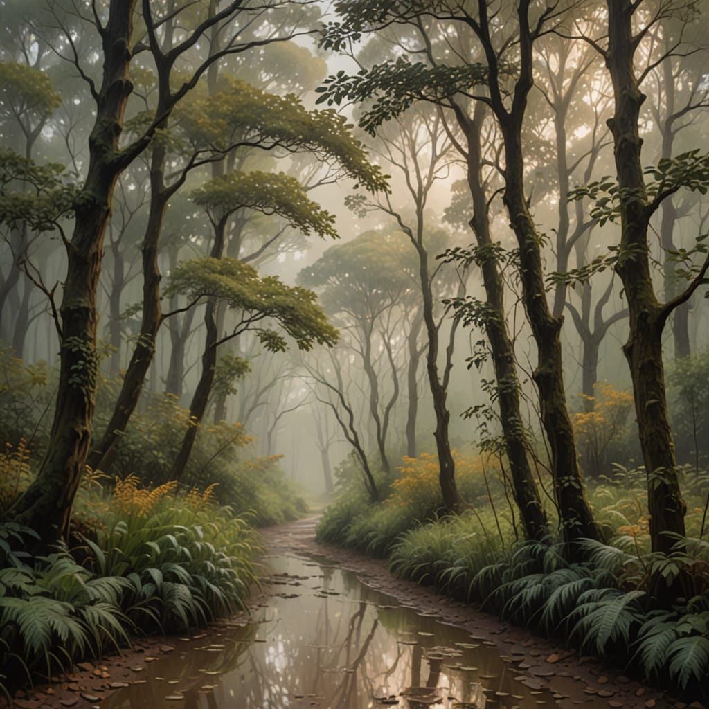 Impressionist Forest Scene with Gentle Rain