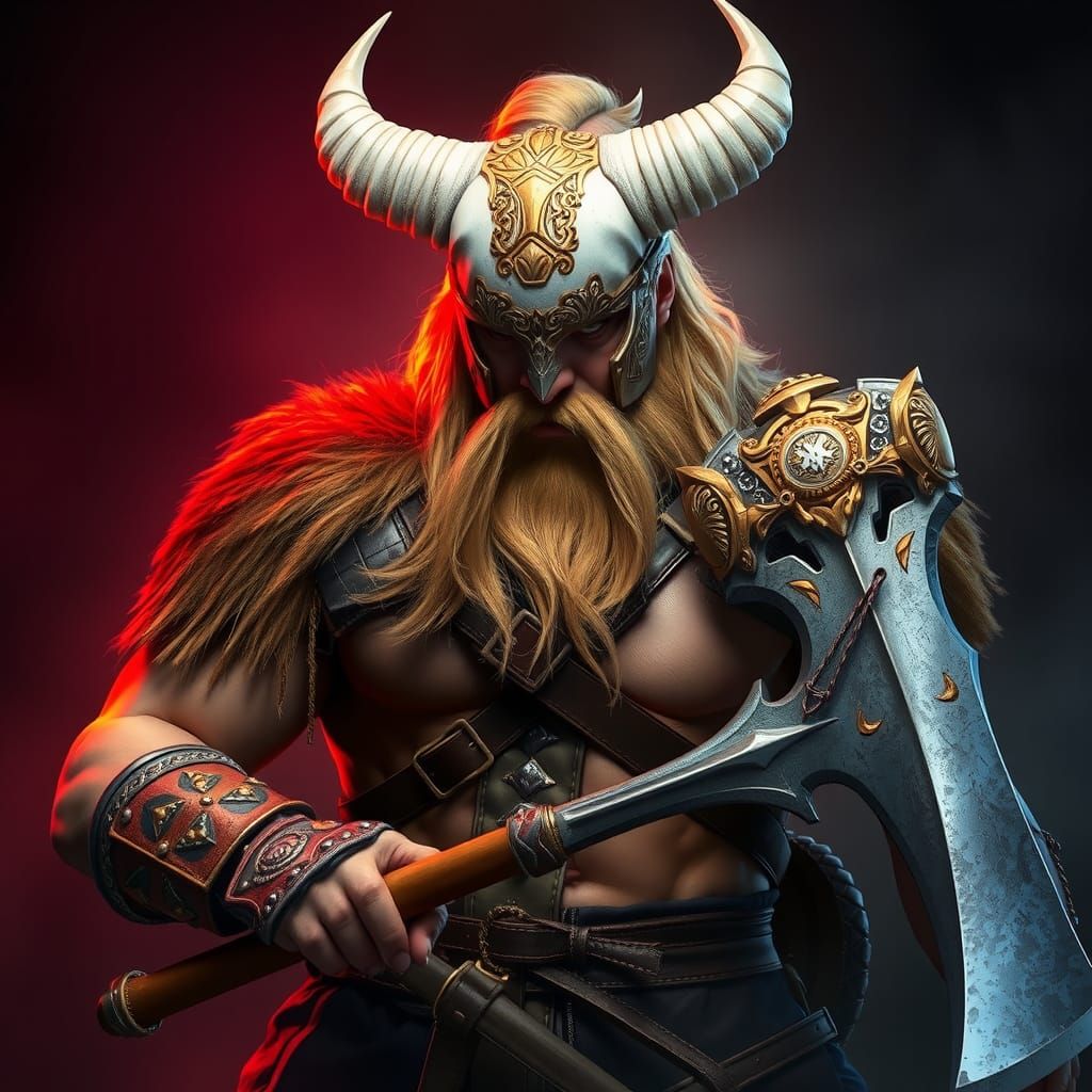 Barbarian Warrior in Mask Gripping Axe as Oil Painting