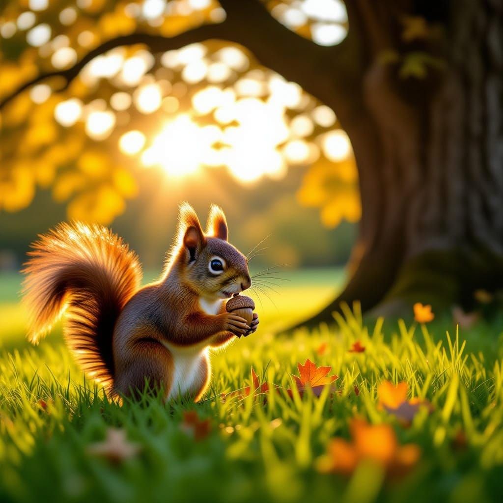 Vibrant Squirrel with Fiery Tail in Golden Sunlight