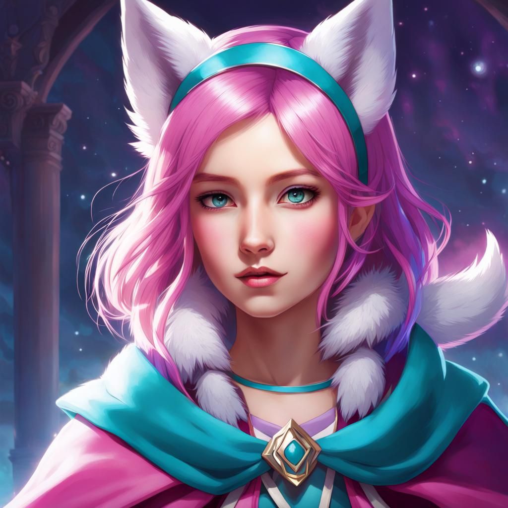 Girl with Cyan Hair, Fox Ears, and Purple Cape