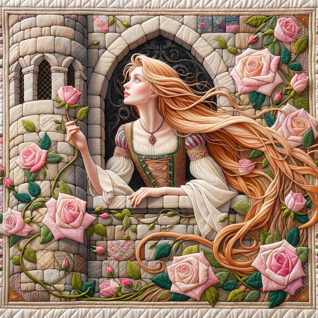 Fairy Tale Art Quilt Portrait of Rapunzel-like Character