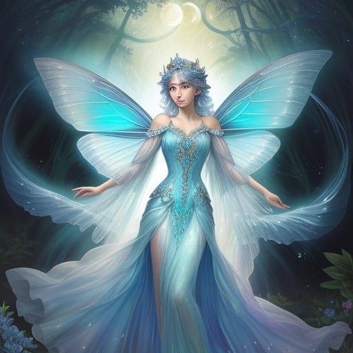 Mystical Fairy Beside Waterfall Under Moon