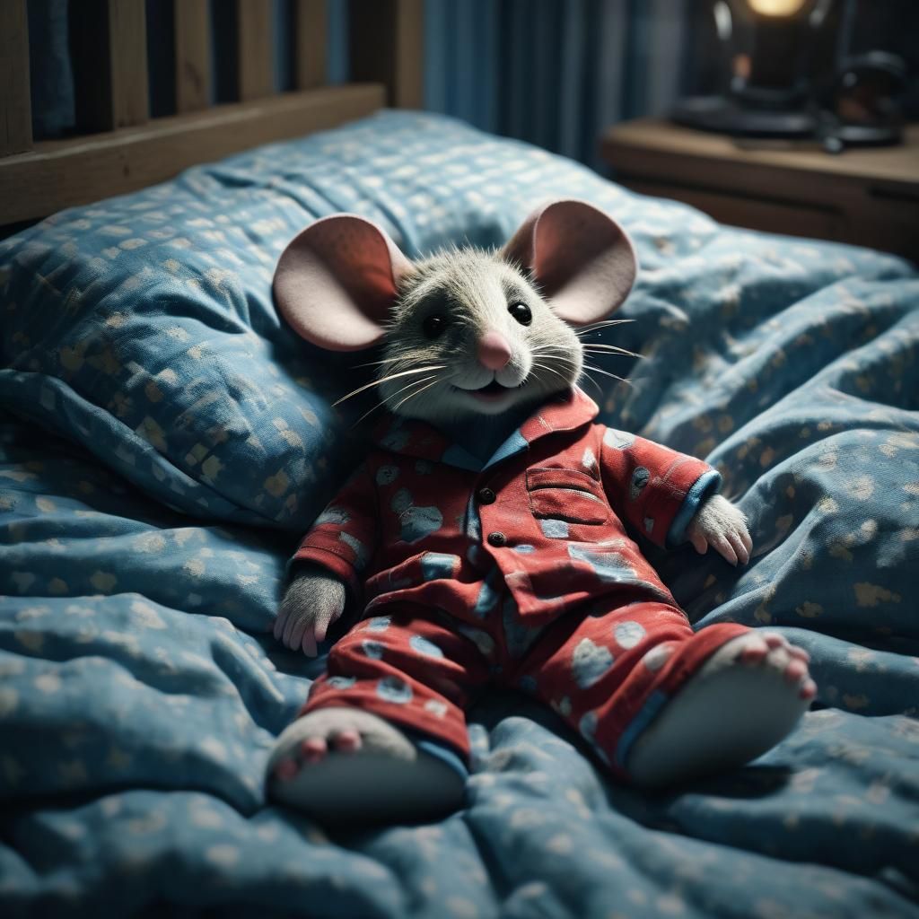 Mouse in Pajamas Sleeping: Cinematic Film Still