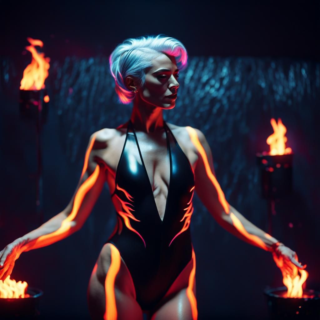 Flaming Woman in Neon Synthwave Retro Style