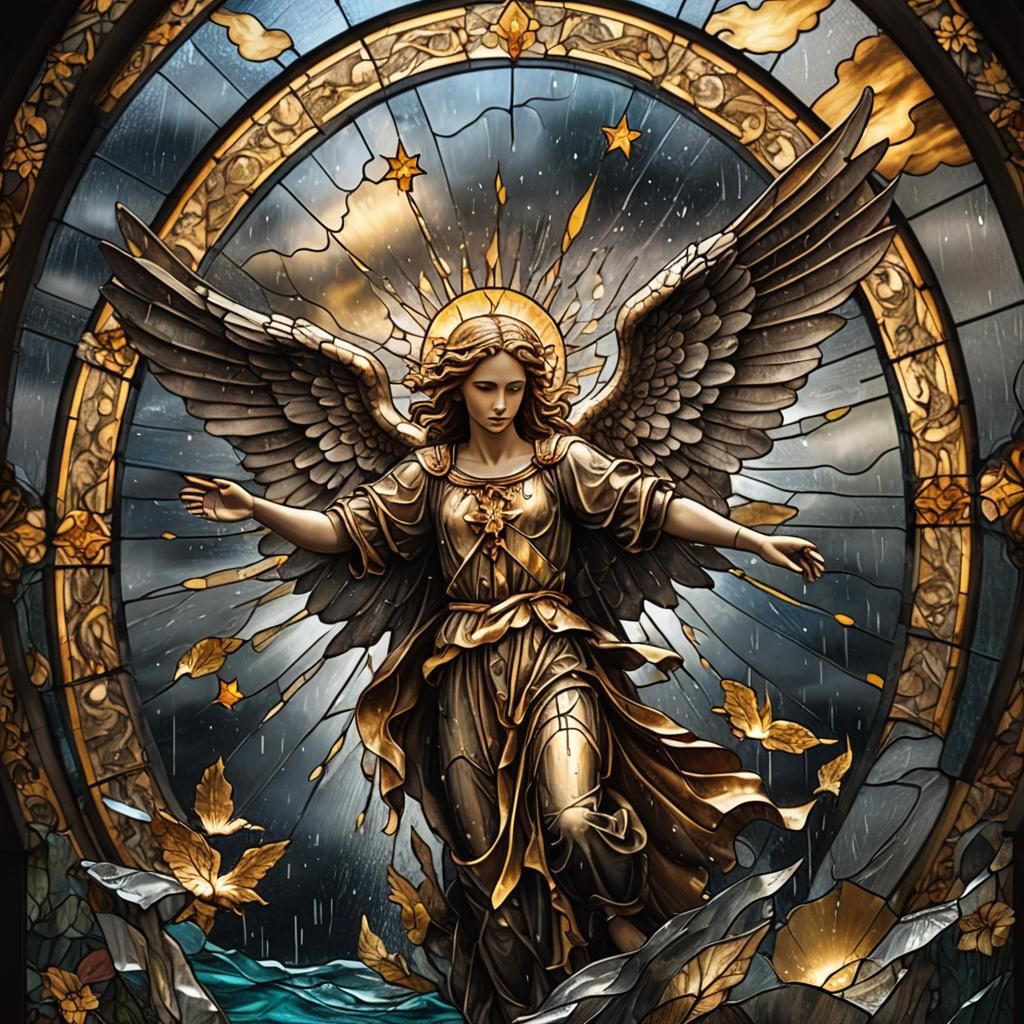 Stained Glass Fallen Angel in Golden Sky