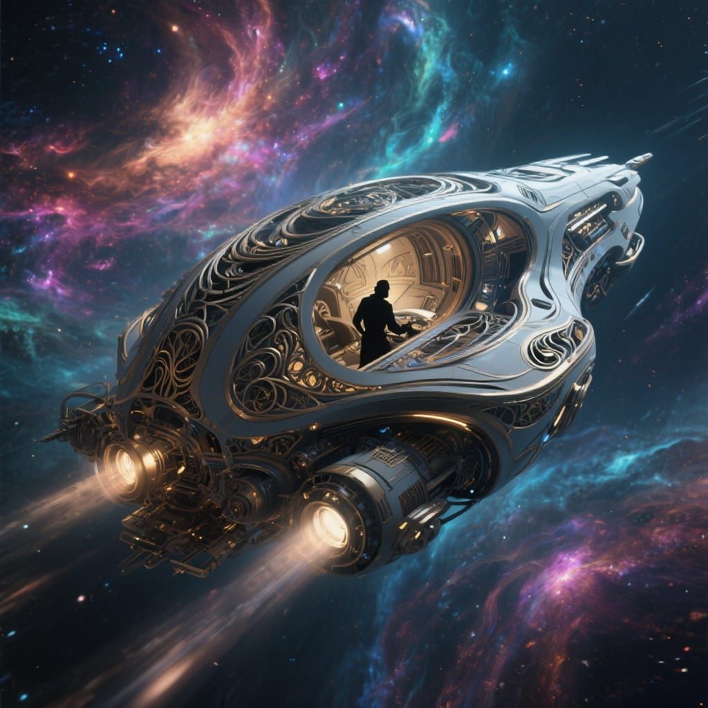 Art Nouveau Spaceship Navigates a Vibrant Nebula