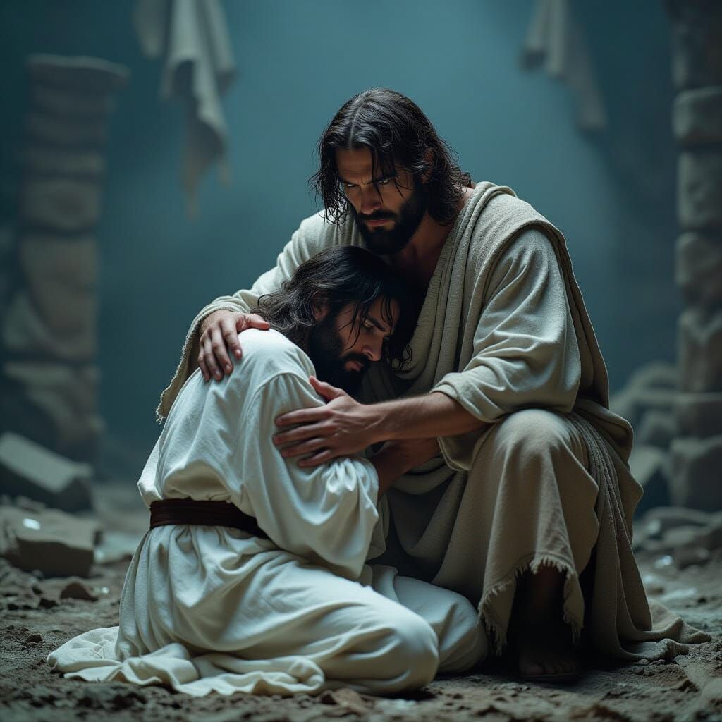 Cinematic Still of Judas with Christ Figure