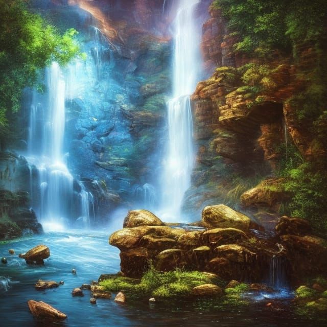 Scenic Waterfall with Blue Water: Digital Painting