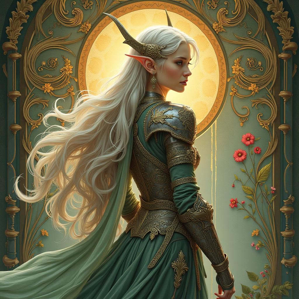 Elegant Elf Warrior in Art Nouveau Style