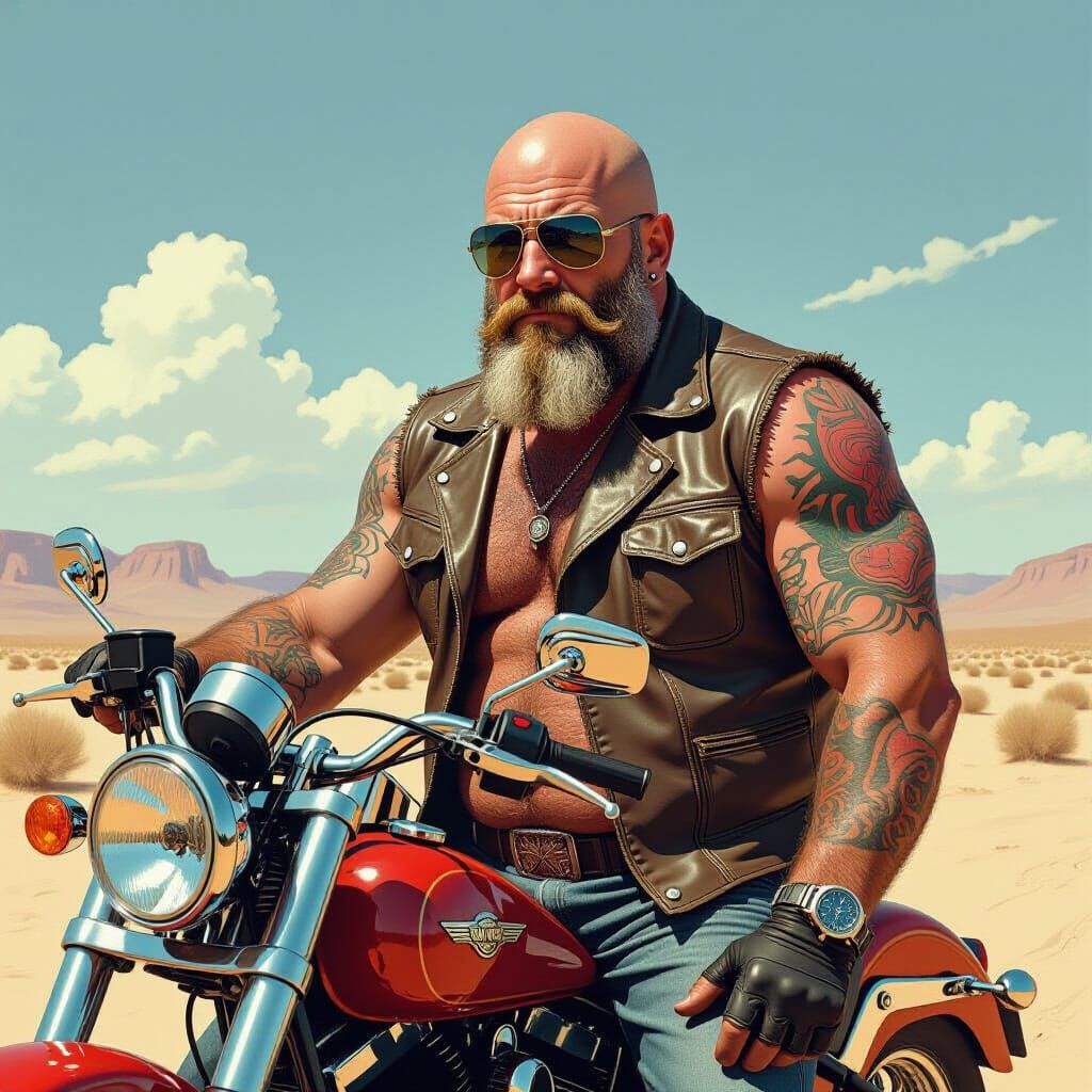Biker in Desert Landscape, in Expressive Style