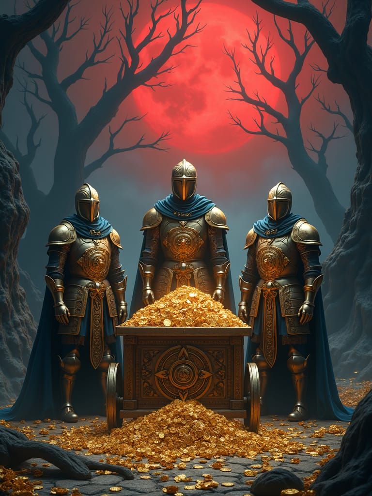 Knights Guarding Golden Cart in Dark Fantasy Landscape