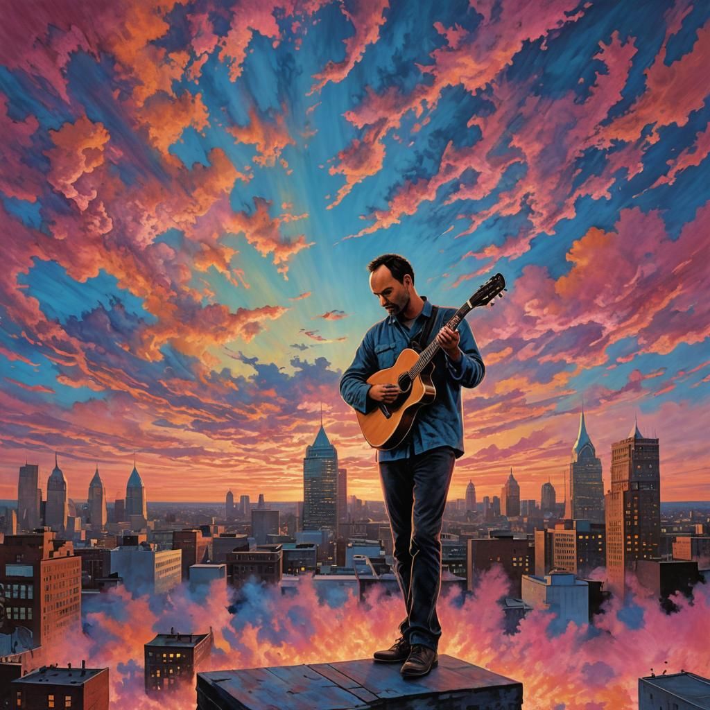 Guitarist Silhouette with Tie-Dye Sky as Digital Art