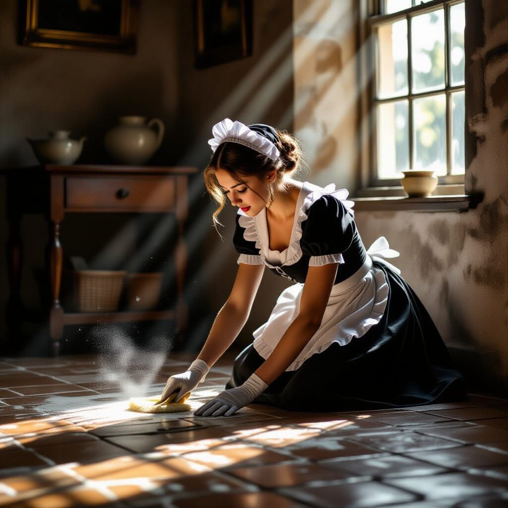 Maid Scrubbing Stone Floor in Dutch Golden Age Style